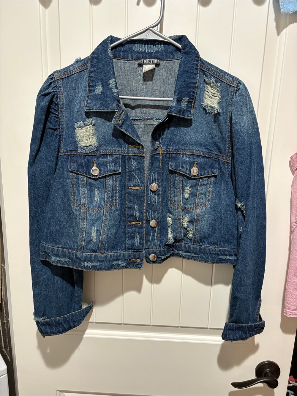 VENUS Distressed Cropped Denim Jacket - Blue